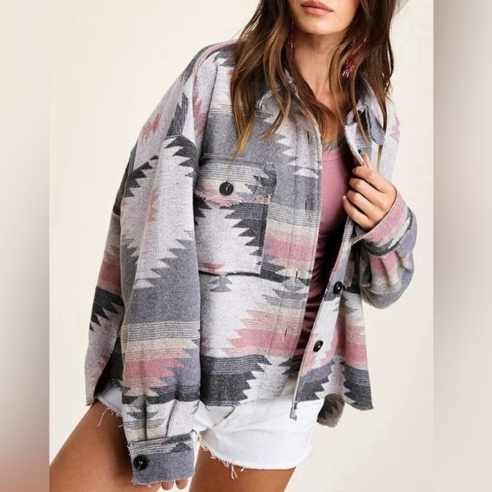 LA MIEL Geometric Gray and Pink Utility Jacket